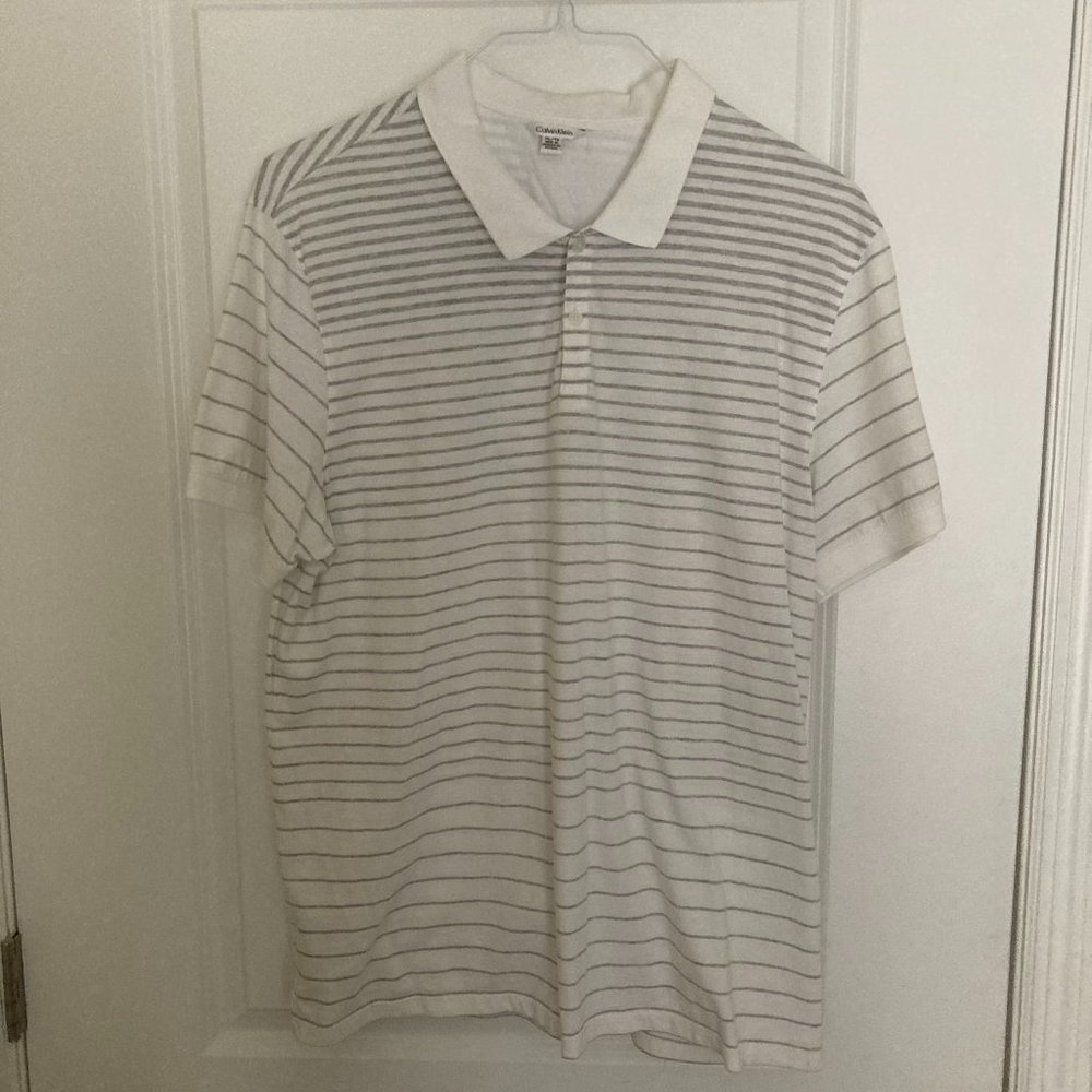 Calvin Klein Men's White and Grey Striped Short Sleeve Polo Shirt - Size XL